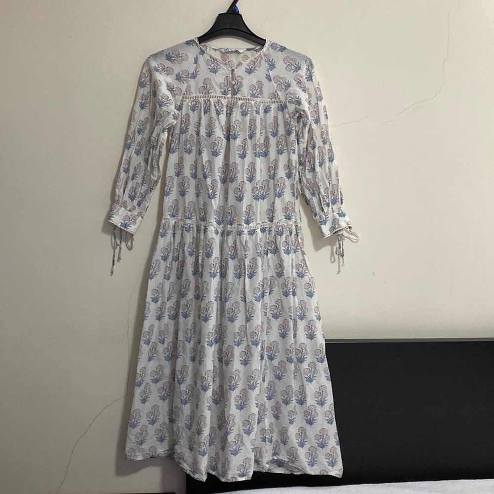 Zara Women Size S Peasant Style Floral Rayon Long Sleeve Maxi Dress